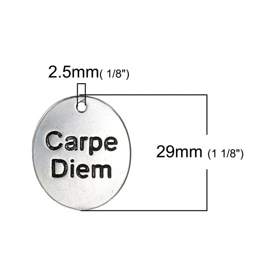 Picture of Zinc Based Alloy Charms Oval Antique Silver Message " Carpe Diem " Carved 29mm(1 1/8") x 25mm(1"), 5 PCs