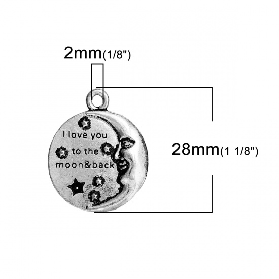 Picture of Zinc Based Alloy Charms Round Antique Silver Message " I Love You To The Moon & Back " Carved 28mm(1 1/8") x 22mm( 7/8"), 5 PCs