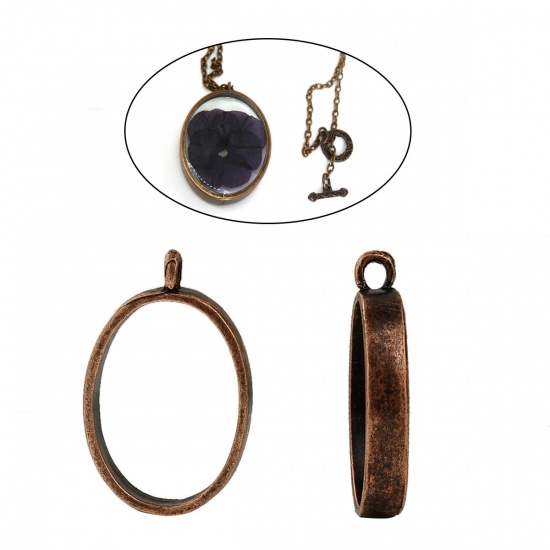 Picture of Zinc Based Alloy Open Back Bezel Pendants For Resin Oval Antique Copper 32mm(1 2/8") x 21mm( 7/8"), 2 PCs