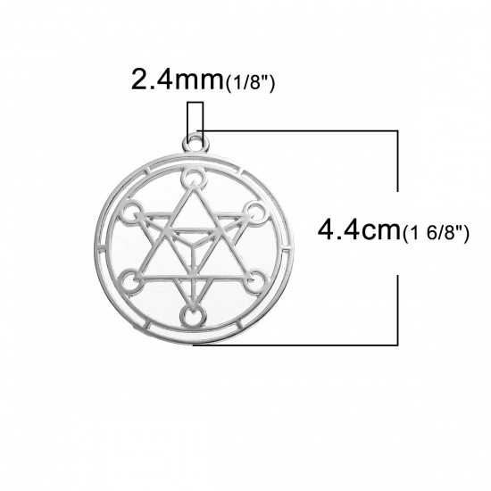 Picture of Zinc Based Alloy Merkaba Meditation Pendants Round Silver Tone Hollow 44mm(1 6/8") x 40mm(1 5/8"), 5 PCs
