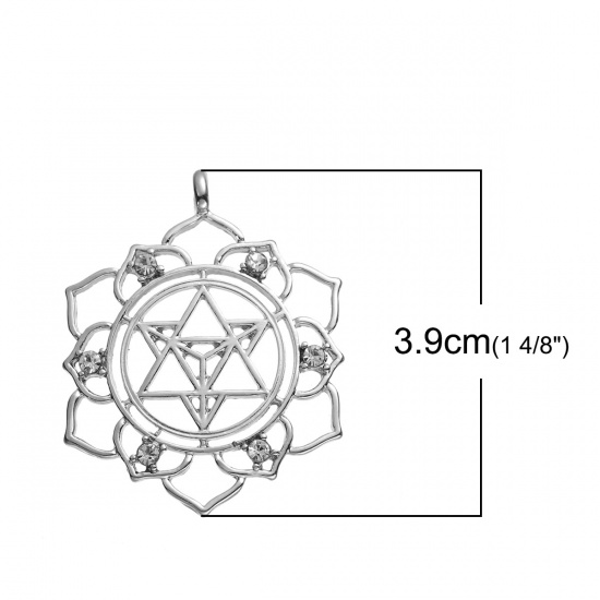 Picture of Zinc Based Alloy Merkaba Meditation Pendants Round Silver Tone Clear Rhinestone Hollow 39mm(1 4/8") x 31mm(1 2/8"), 3 PCs