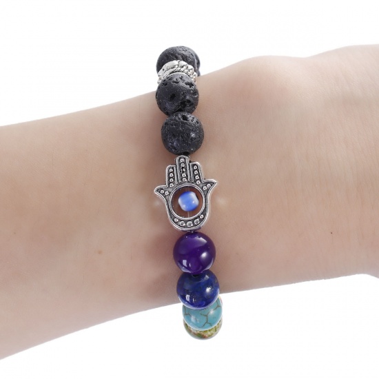 Picture of Yoga Healing Lava Beaded Bracelet Multicolor Hand Evil Eye Elastic 24cm(9 4/8") long, 1 Piece