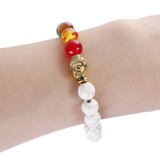 Image de Bracelet Yoga en Turquoise Blanc Or Vieilli Multicolore Pendentif Bouddha Elastique 23cm long, 1 Pièce