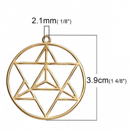 Picture of Brass Merkaba Meditation Pendants Round Gold Plated Hollow 39mm(1 4/8") x 36mm(1 3/8"), 1 Piece                                                                                                                                                               