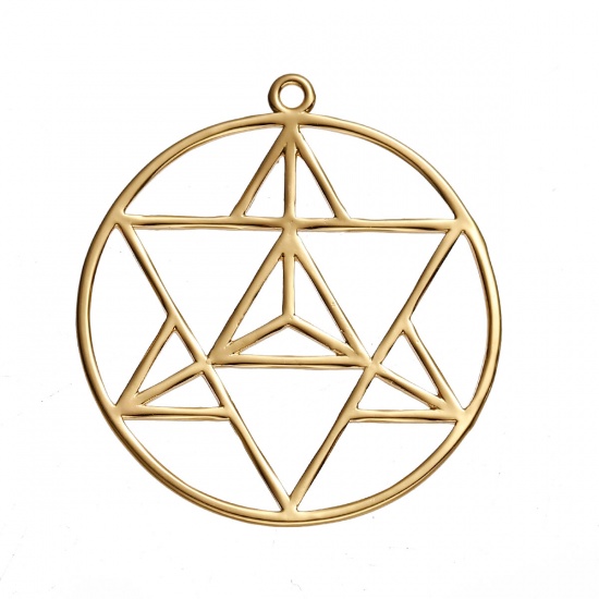 Picture of Brass Merkaba Meditation Pendants Round Gold Plated Hollow 39mm(1 4/8") x 36mm(1 3/8"), 1 Piece                                                                                                                                                               