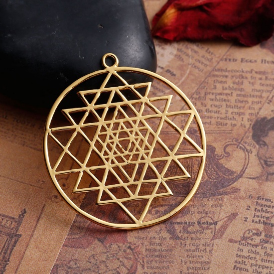 Picture of Brass Sri Yantra Meditation Pendants Round Gold Plated Hollow 39mm(1 4/8") x 35mm(1 3/8"), 1 Piece                                                                                                                                                            