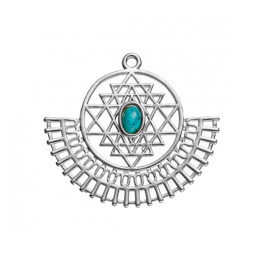 Picture of Brass Sri Yantra Meditation Pendants Silver Tone With Resin Cabochons Imitation Turquoise 35mm(1 3/8") x 31mm(1 2/8"), 1 Piece                                                                                                                                