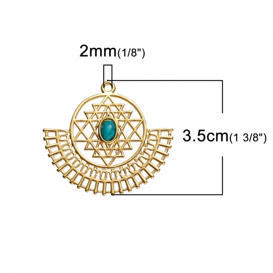 Picture of Brass Sri Yantra Meditation Pendants Fan-shaped Gold Plated With Resin Cabochons Imitation Turquoise 35mm(1 3/8") x 31mm(1 2/8"), 1 Piece                                                                                                                     
