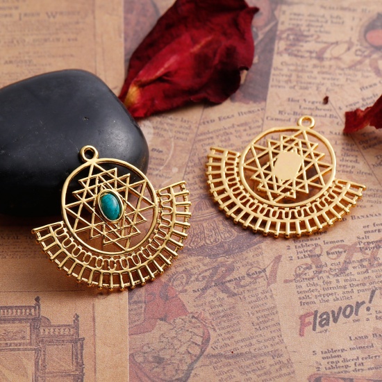 Picture of Brass Sri Yantra Meditation Pendants Fan-shaped Gold Plated With Resin Cabochons Imitation Turquoise 35mm(1 3/8") x 31mm(1 2/8"), 1 Piece                                                                                                                     
