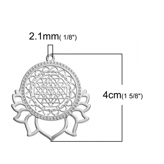 Picture of Brass Sri Yantra Meditation Pendants Lotus Flower Silver Tone Hollow 40mm(1 5/8") x 35mm(1 3/8"), 1 Piece                                                                                                                                                     