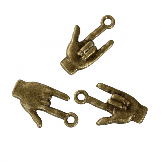 Picture of Zinc Based Alloy 3D Charms Hand Gesture Antique Bronze 22mm( 7/8") x 13mm( 4/8"), 30 PCs