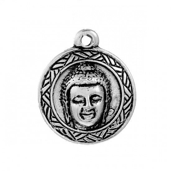 Immagine di Lega di Zinco Charms Tondo Argento Antico Statua di Budda 25mm x 22mm , 5 Pz