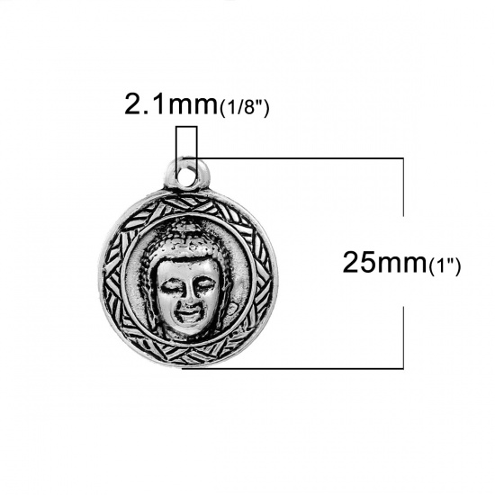 Immagine di Lega di Zinco Charms Tondo Argento Antico Statua di Budda 25mm x 22mm , 5 Pz