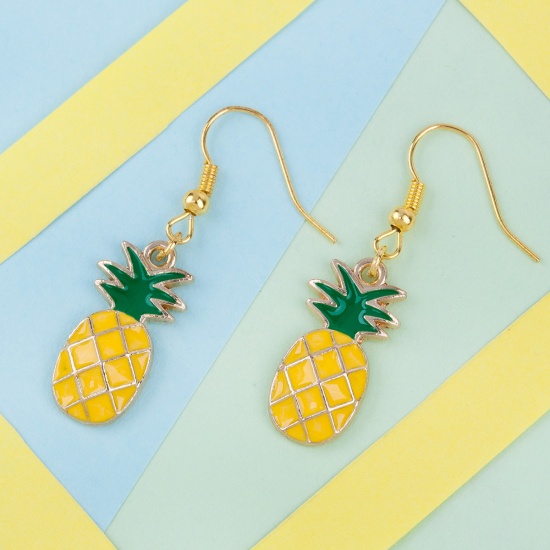 Picture of Earrings Gold Plated Pineapple/ Ananas Fruit Yellow & Green Enamel 43mm(1 6/8") x 12mm( 4/8"), Post/ Wire Size: (21 gauge), 1 Pair