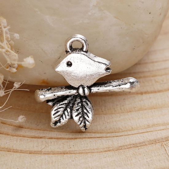 Picture of Zinc Based Alloy Charms Mother Bird Antique Silver Branch 17mm( 5/8") x 16mm( 5/8"), 50 PCs