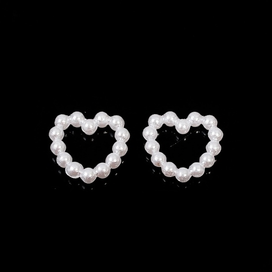 Picture of Acrylic Imitation Pearl (Pearlised On Double Side) Embellishments Findings Heart White Hollow 11mm( 3/8") x 11mm( 3/8"), 200 PCs
