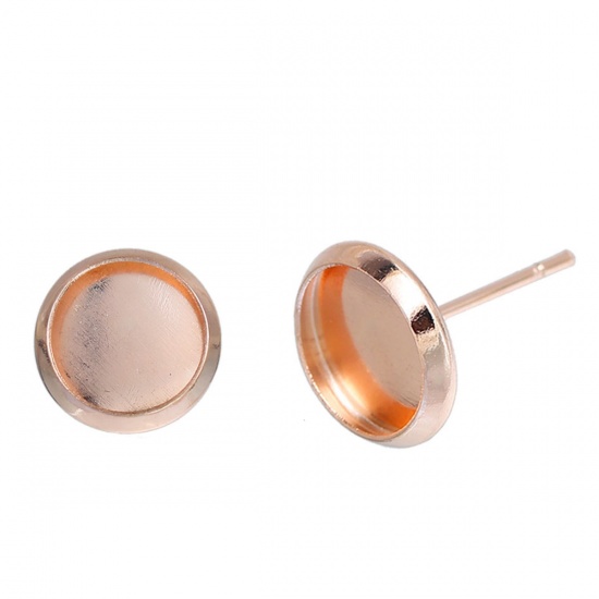 Picture of Brass Ear Post Stud Earrings Cabochon Settings Round Rose Gold W/ Stoppers (Fit 8mm Dia.) 14mm( 4/8") x 10mm( 3/8"), Post/ Wire Size: (21 gauge), 20 PCs                                                                                                      