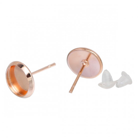 Picture of Brass Ear Post Stud Earrings Cabochon Settings Round Rose Gold W/ Stoppers (Fit 8mm Dia.) 14mm( 4/8") x 10mm( 3/8"), Post/ Wire Size: (21 gauge), 20 PCs                                                                                                      