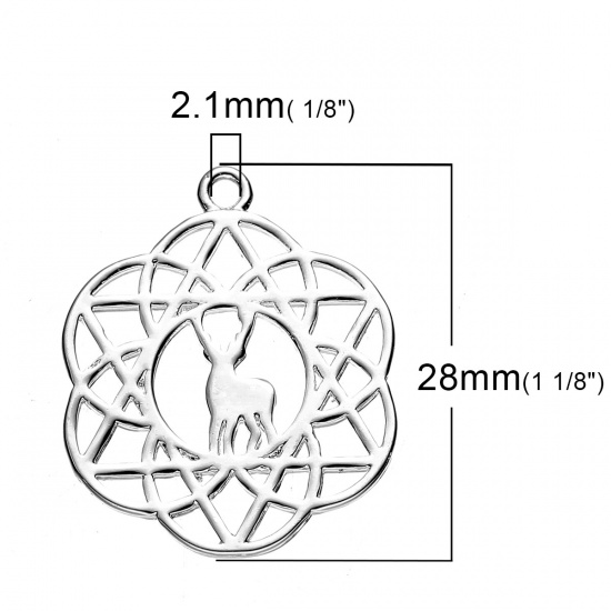 Imagen de Latón Flor de la vida Charms Ciervo Argentado Hueco 28mm x 23mm, 2 Unidades