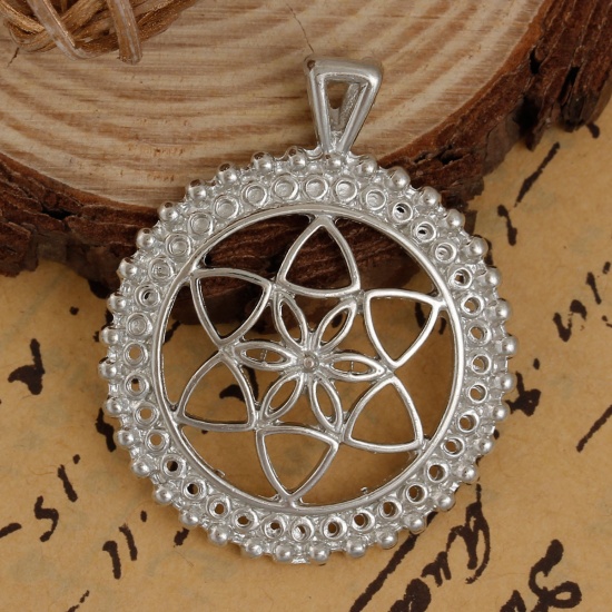 Picture of Zinc Based Alloy Flower Of Life Pendants Round Silver Tone Hollow 42mm(1 5/8") x 35mm(1 3/8"), 3 PCs