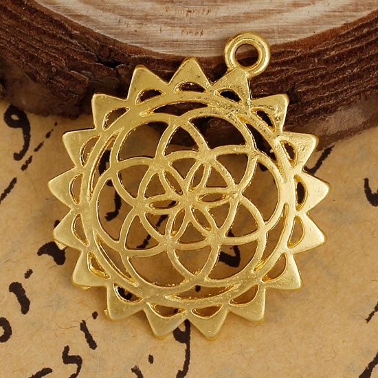 Picture of Zinc Based Alloy Flower Of Life Pendants Round Gold Plated Gear Hollow 33mm(1 2/8") x 29mm(1 1/8"), 10 PCs