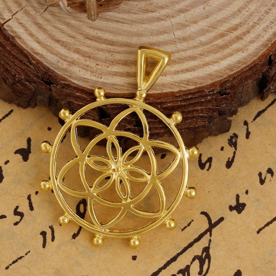 Picture of Zinc Based Alloy Flower Of Life Pendants Round Gold Plated Hollow 38mm(1 4/8") x 30mm(1 1/8"), 5 PCs