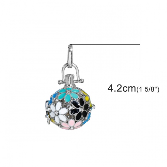 Picture of Copper Pendants Mexican Angel Caller Bola Harmony Ball Wish Box Silver Tone Multicolor Enamel Flower Pattern Hollow Clear Rhinestone Can Open (Fit Bead Size: 16mm) 42mm(1 5/8") x 25mm(1"), 1 Piece