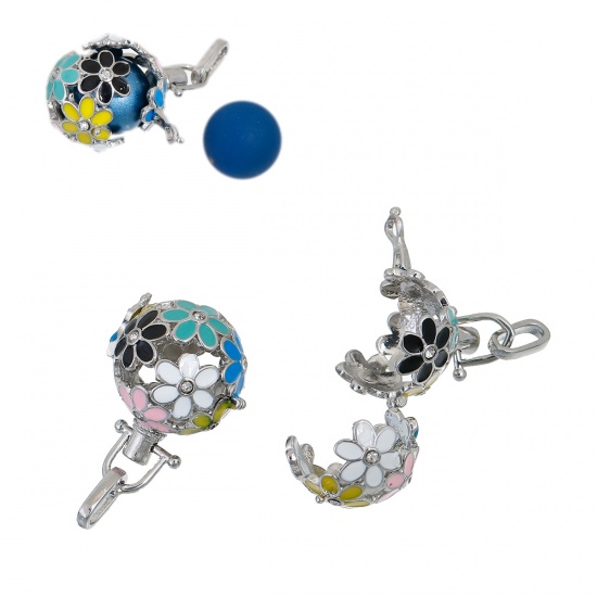 Picture of Copper Pendants Mexican Angel Caller Bola Harmony Ball Wish Box Silver Tone Multicolor Enamel Flower Pattern Hollow Clear Rhinestone Can Open (Fit Bead Size: 16mm) 42mm(1 5/8") x 25mm(1"), 1 Piece