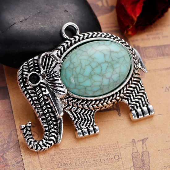Picture of Zinc Based Alloy Boho Chic Pendants Elephant Animal Antique Silver Color Green Blue (Can Hold ss16 Pointed Back Rhinestone) Imitation Turquoise 48mm(1 7/8") x 38mm(1 4/8"), 2 PCs