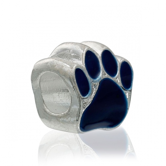 Picture of Zinc Based Alloy European Style Large Hole Charm Beads Bear's paw Silver Plated Blue Enamel About 11mm( 3/8") x 11mm( 3/8"), Hole: Approx 5.4mm, 5 PCs