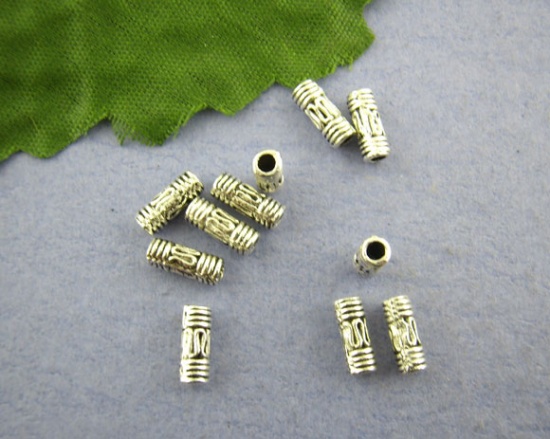 Immagine di Lega di Zinco Separatori Perline Cilindrico Argento Antico Modello Disegno Circa 10.0mm x 4.0mm, Foro:Circa 2.7mm, 60 Pz
