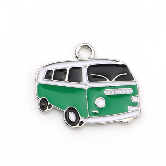 Picture of Zinc Based Alloy Charms Car Silver Tone Black & Green Enamel 24mm(1") x 20mm( 6/8"), 5 PCs