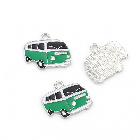 Picture of Zinc Based Alloy Charms Car Silver Tone Black & Green Enamel 24mm(1") x 20mm( 6/8"), 5 PCs
