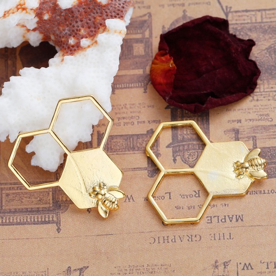 Picture of Zinc Based Alloy Connectors Findings Honeycomb Gold Plated Bee Carved Hollow 31mm x 29mm, 10 PCs