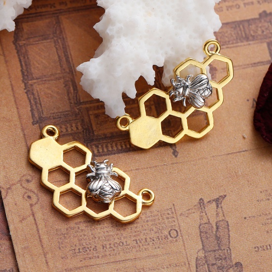Picture of Zinc Based Alloy Connectors Charms Pendants Gold Plated Silver Tone Two Tone Honeycomb Bee Hollow 25mm x 14mm, 10 PCs