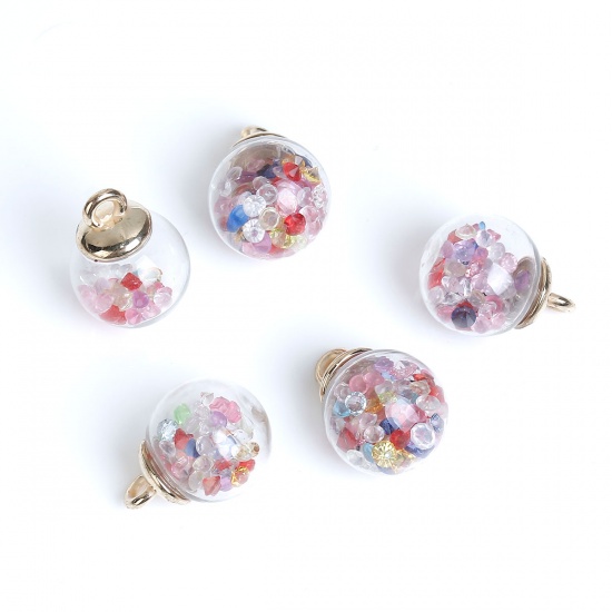 Picture of Transparent Glass Globe Bottle Charms Gold Plated Multicolor Rhinestone 22mm( 7/8") x 16mm( 5/8"), 10 PCs
