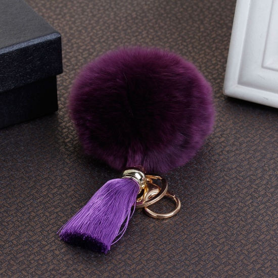 Picture of Keychain & Keyring Gold Plated Purple Angora Pom Pom Ball Rayon Tassel 12cm x 3cm, 1 Piece