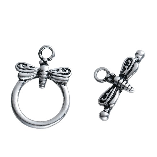 Picture of Brass Toggle Clasps Round Antique Silver Color Dragonfly Carved 19mm x13mm( 6/8" x 4/8") 18mm x10mm( 6/8" x 3/8"), 2 Sets                                                                                                                                     