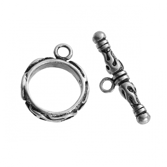 Picture of Brass Toggle Clasps Round Antique Silver Color Flame Fire Carved 17mm x14mm( 5/8" x 4/8") 22mm x7mm( 7/8" x 2/8"), 2 Sets                                                                                                                                     