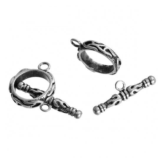 Picture of Brass Toggle Clasps Round Antique Silver Color Flame Fire Carved 17mm x14mm( 5/8" x 4/8") 22mm x7mm( 7/8" x 2/8"), 2 Sets                                                                                                                                     