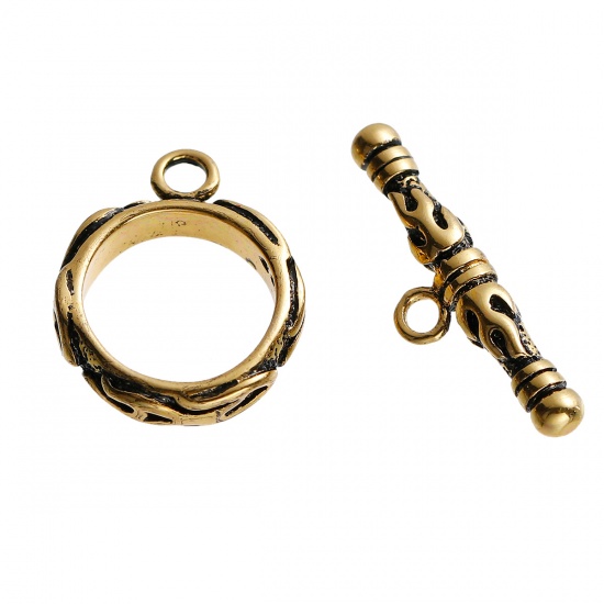 Picture of Brass Toggle Clasps Round Gold Tone Antique Gold Flame Fire Carved 17mm x14mm( 5/8" x 4/8") 22mm x7mm( 7/8" x 2/8"), 2 Sets                                                                                                                                   