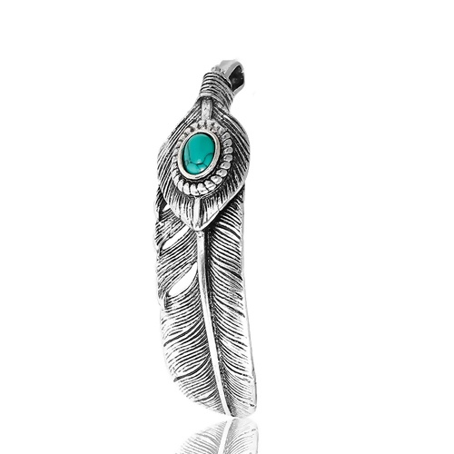 Picture of Brass Pendants Feather Antique Silver Color Imitation Turquoise 54mm(2 1/8") x 15mm( 5/8"), 1 Piece                                                                                                                                                           