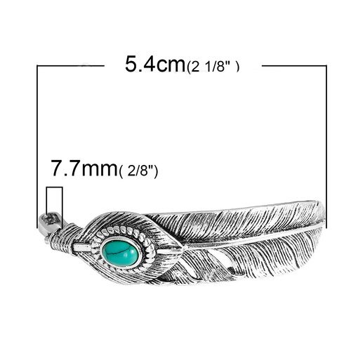 Picture of Brass Pendants Feather Antique Silver Color Imitation Turquoise 54mm(2 1/8") x 15mm( 5/8"), 1 Piece                                                                                                                                                           