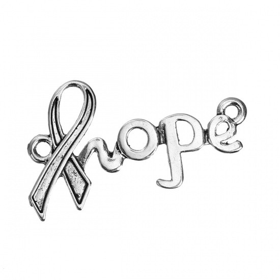 Picture of Zinc Based Alloy Connectors Findings Ribbon Antique Silver Message " Hope " Carved 35mm x 21mm, 10 PCs