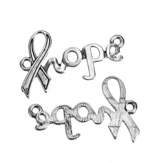 Picture of Zinc Based Alloy Connectors Findings Ribbon Antique Silver Color Message " Hope " Carved 35mm x 21mm, 10 PCs