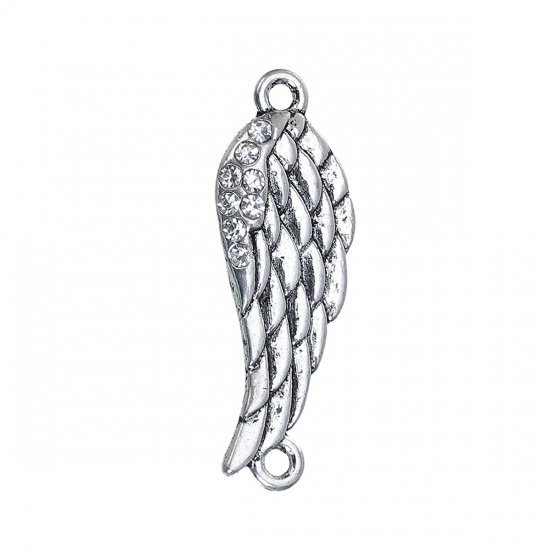 Picture of Zinc Based Alloy Connectors Findings Angel Wing Antique Silver Color Clear Rhinestone 31mm x 11mm, 5 PCs