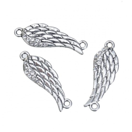 Picture of Zinc Based Alloy Connectors Findings Angel Wing Antique Silver Color Clear Rhinestone 31mm x 11mm, 5 PCs