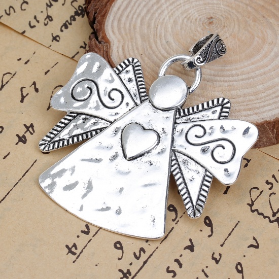 Picture of Zinc Based Alloy Pendants Angel Antique Silver Color Wing Heart Carved 72mm(2 7/8") x 63mm(2 4/8"), 2 PCs