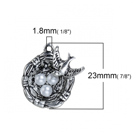 Picture of Zinc Based Alloy Charms Bird Nest Antique Silver Color White Inlaid Acrylic Imitation Pearl Swallow Carved 23mm( 7/8") x 22mm( 7/8"), 5 PCs