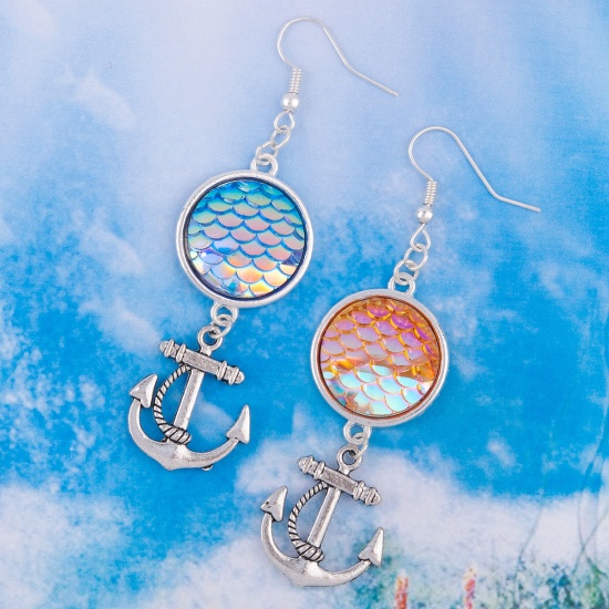 Picture of Resin Mermaid Fish/ Dragon Scale Earrings Antique Silver Anchor AB Color 73mm(2 7/8") x 21mm( 7/8"), Post/ Wire Size: (21 gauge), 1 Pair
